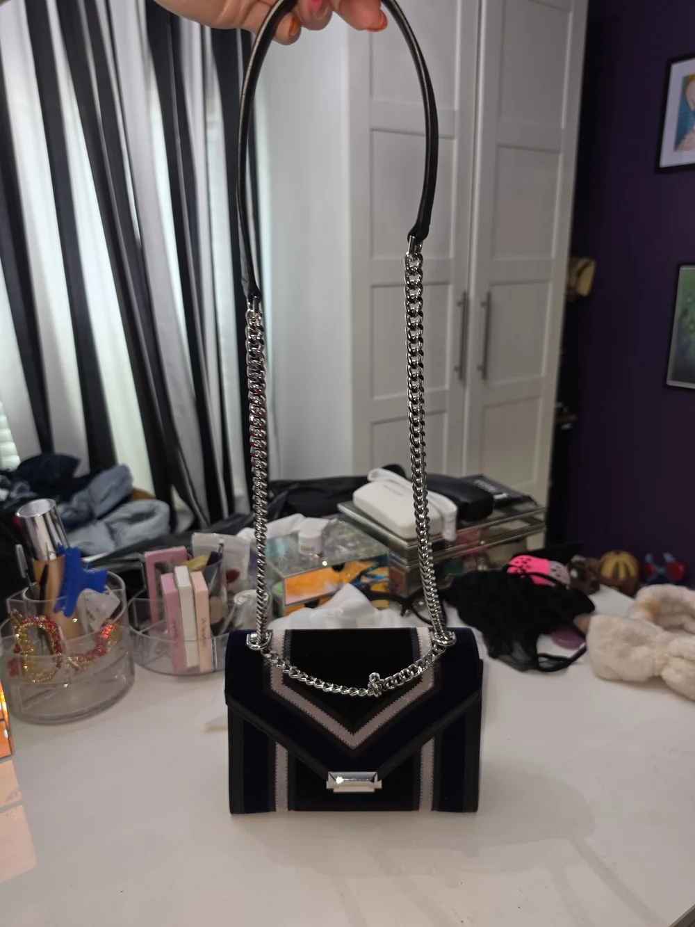 Michael Kors Navy and Black Velvet Chain Shoulder Bag